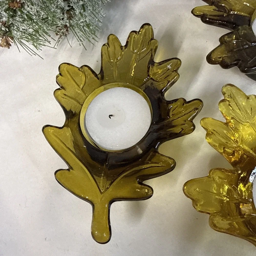 Fall Leaf Glass Votive Candle Holders Gold/Green Set of 3. Vintage